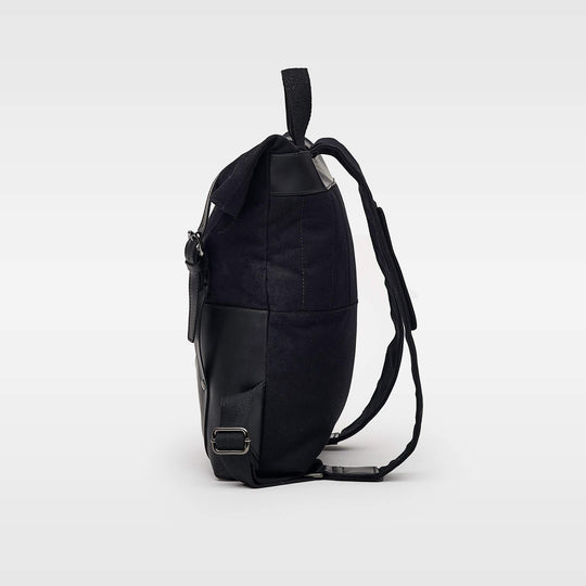 Kovered Witham all black canvas and reclaimed leather backpack side view#colour_all-black
