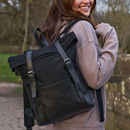 Witham all black backpack on female model#colour_all-black