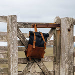 Witham black and tan backpack on a gate in a field#colour_black