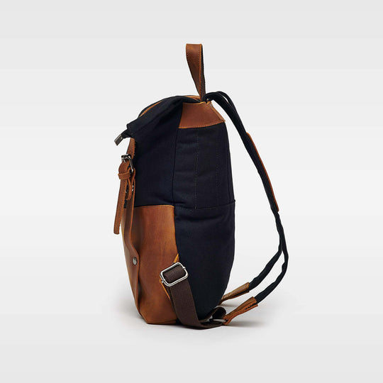 Kovered Witham black canvas and reclaimed leather backpack side view#colour_black