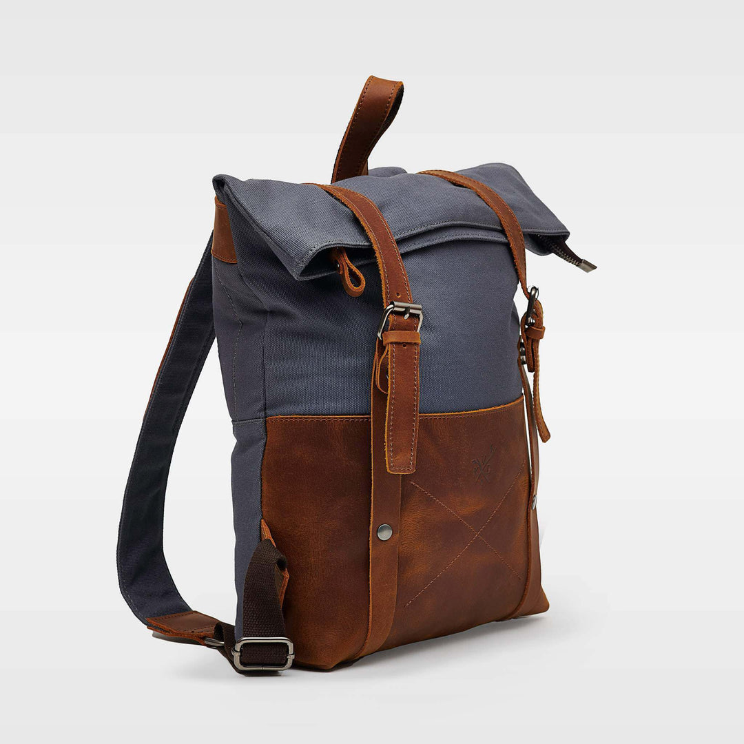 Kovered Witham blue and tan leather backpack angled view#colour_blue