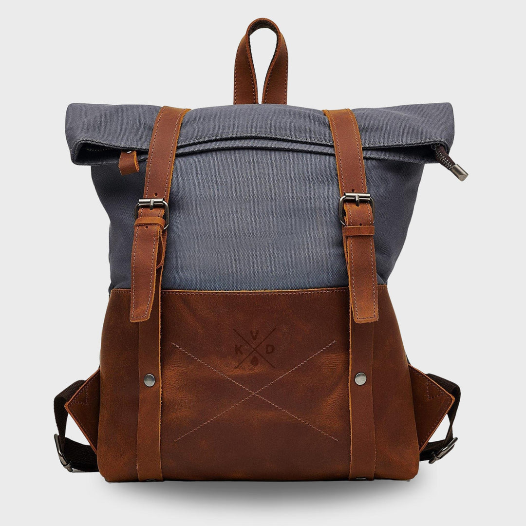 Witham blue reclaimed leather backpack front view#colour_blue