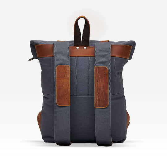 Kovered Witham blue canvas and leather backpack rear view#colour_blue
