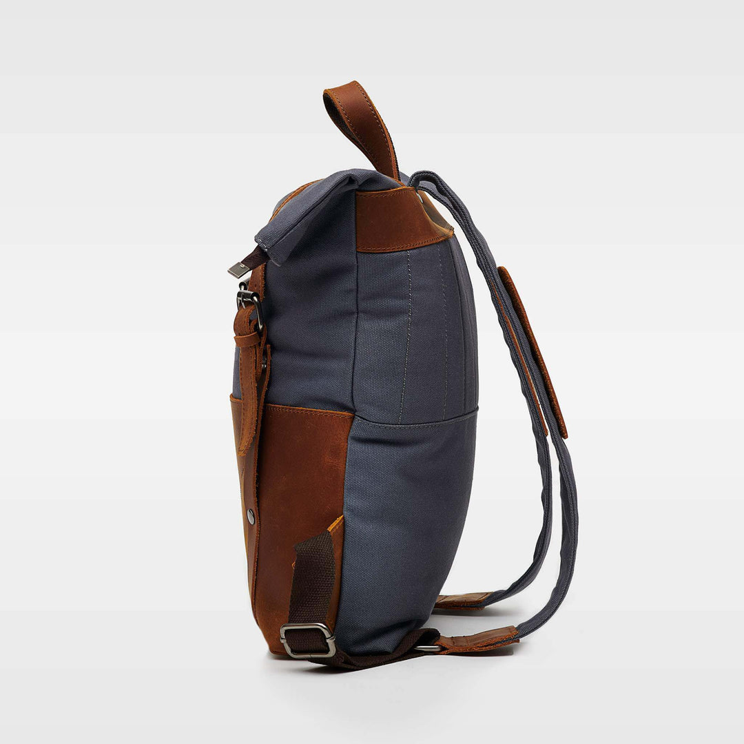 Kovered Witham blue reclaimed leather backpack side view#colour_blue
