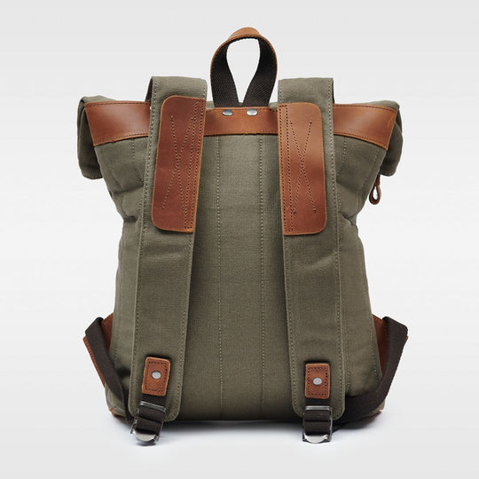 Witham green canvas and reclaimed leather backpack rear view#colour_moss-green