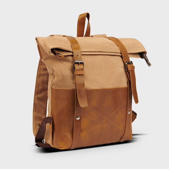 Witham canvas and reclaimed leather brown backpack angled view#colour_tan
