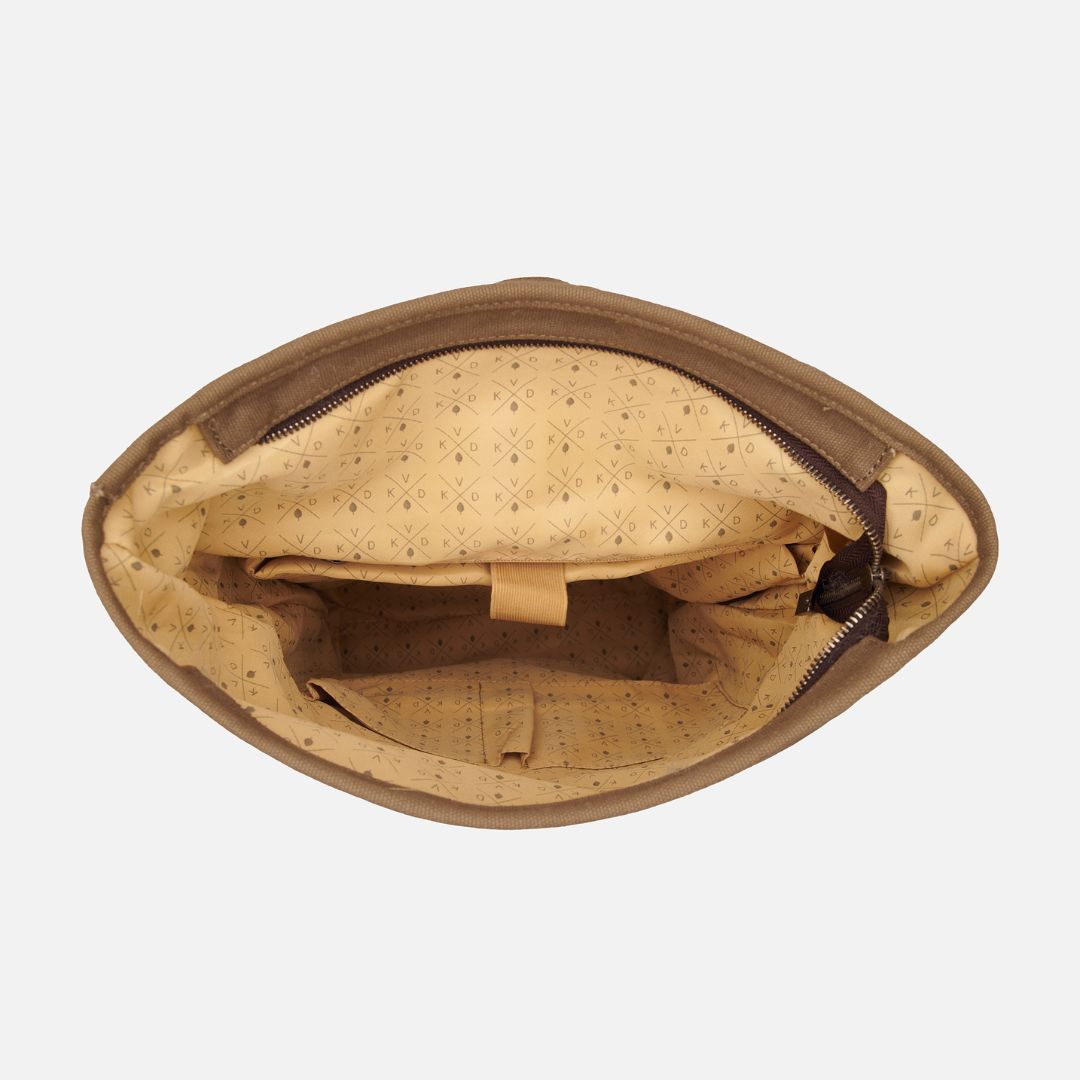 Witham tan canvas and leather backpack interior view of laptop pocket#colour_tan