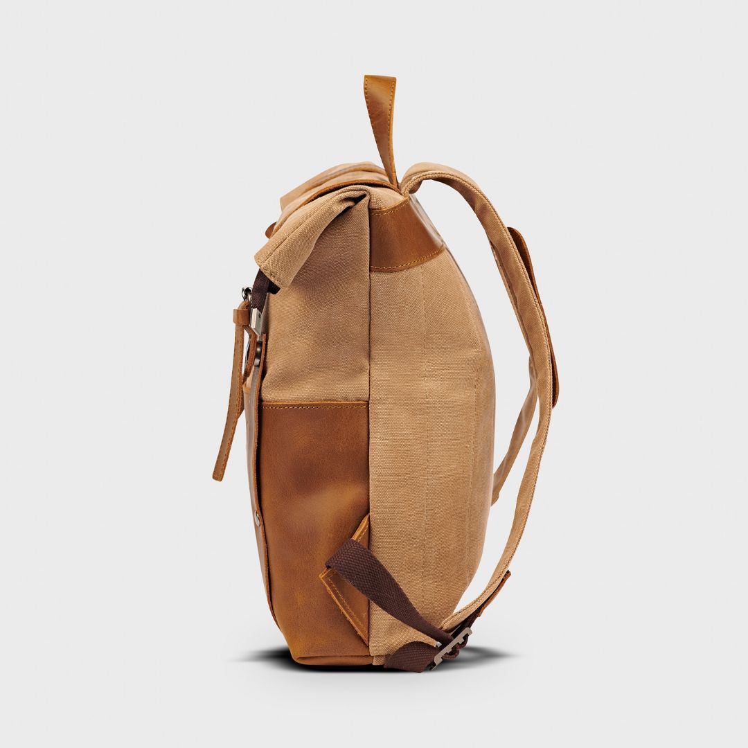 Kovered Witham sustainably made tan backpack side view#colour_tan