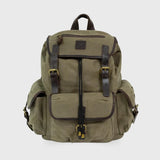 Front view of Lune Waxed Canvas Backpack - Moss Green with drawstring closure and magnetic leather buckles.