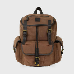 Front view of Lune Tan coloured waxed canvas Backpack with drawstring closure and magnetic leather buckles.