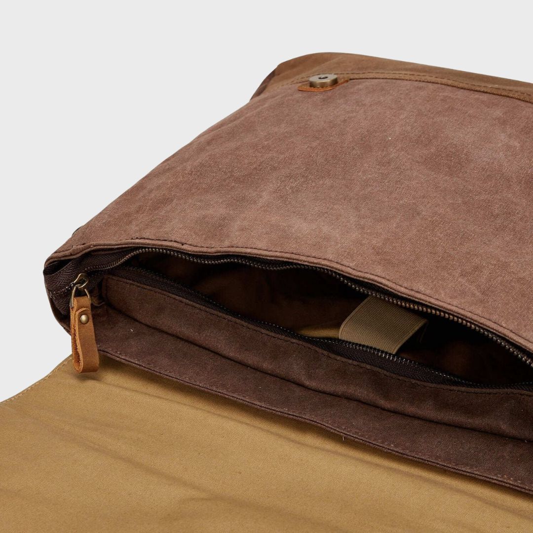 Kovered brown medway water resistant satchel bag interior view of laptop pocket#colour_brown