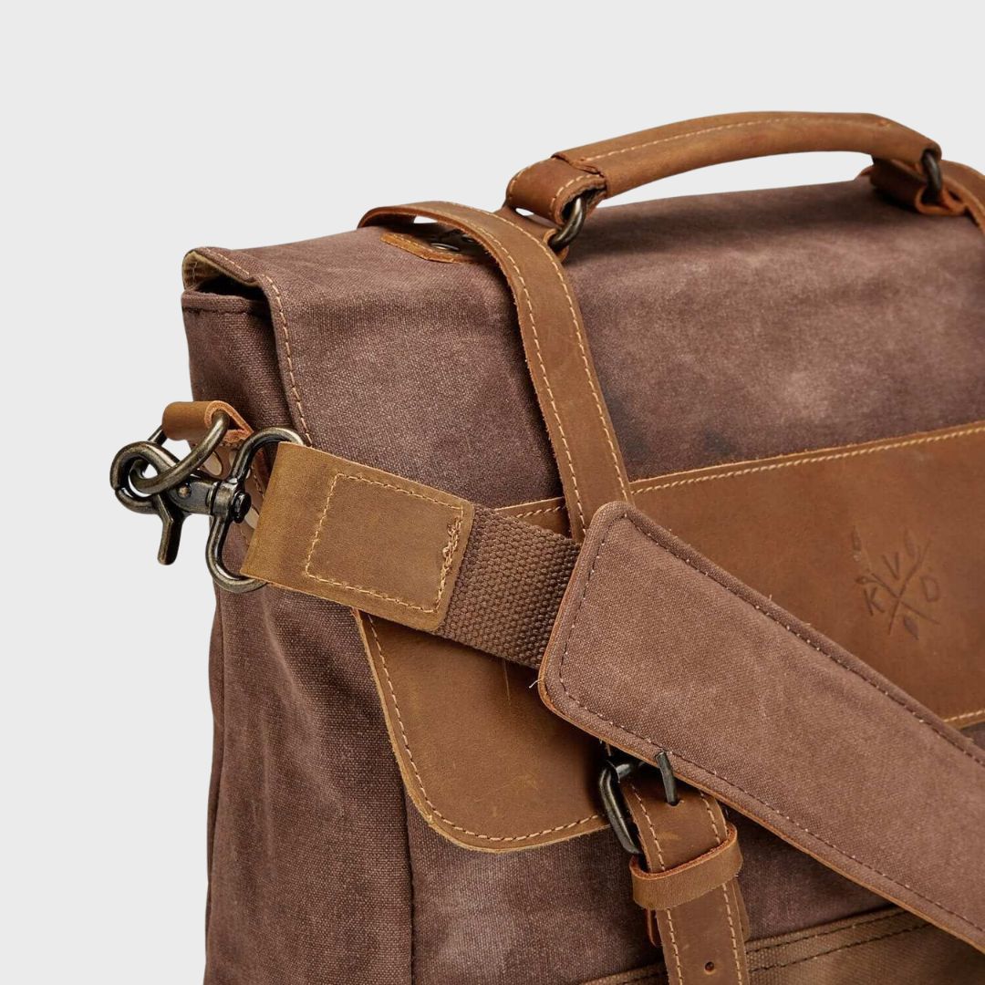 Kovered Medway brown reclaimed leather satchel bag close up of detachable strap and top carry handle#colour_brown