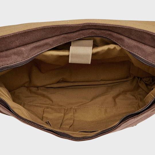 Kovered Medway brown sustainably made messenger bag interior view of laptop pocket#colour_brown