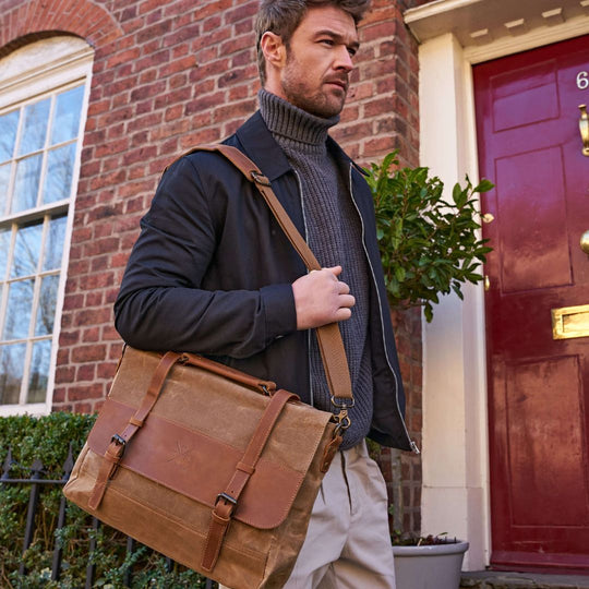 Kovered Medway satchel messenger back brown model wearing bag on his shoulder#colour_brown