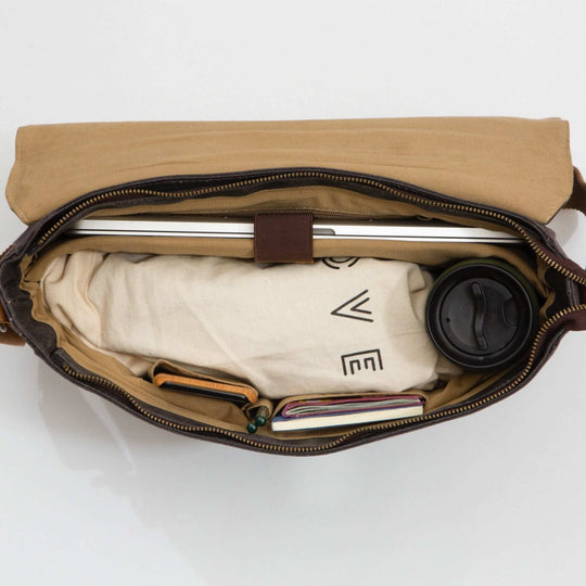 Kovered Medway navy sustainably made messenger bag interior view of laptop pocket#colour_navy