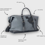Gray duffel bag with features highlighted on a white background