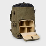 Alternative camera pocket on the front zipped section of the Roe waxed canvas backpack.
