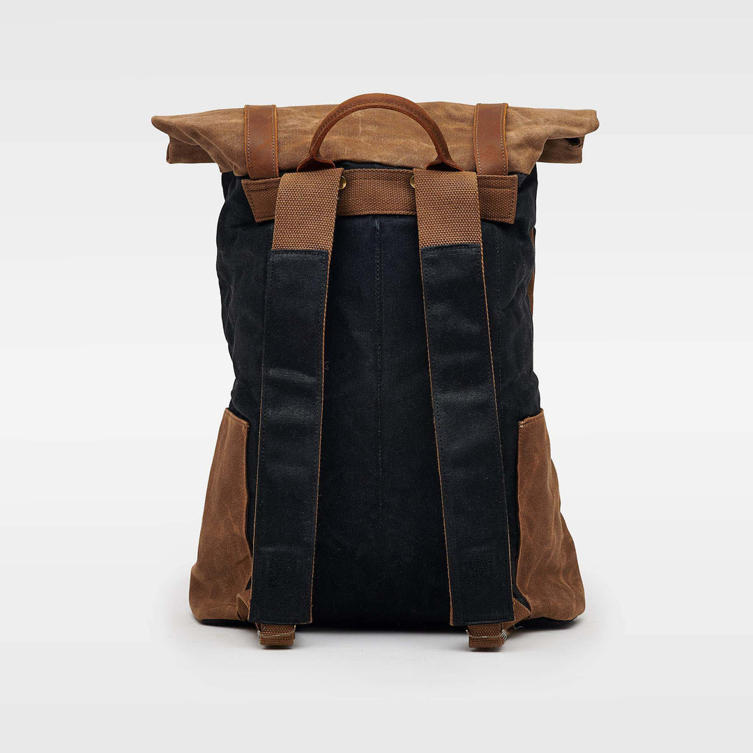 Kovered taw rolltop waxed canvas backpack black back view#colour_black