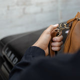 Man using the metal shoulder strap clip on the Winster holdall