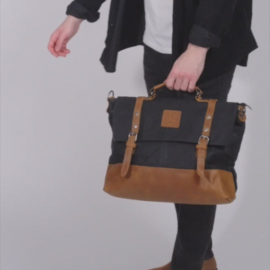 Kovered Mersey waxed canvas messenger satchel bag#colour_black