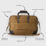 Brown travel bag with features labeled on a white background