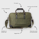 Green travel bag with features labeled on a white background