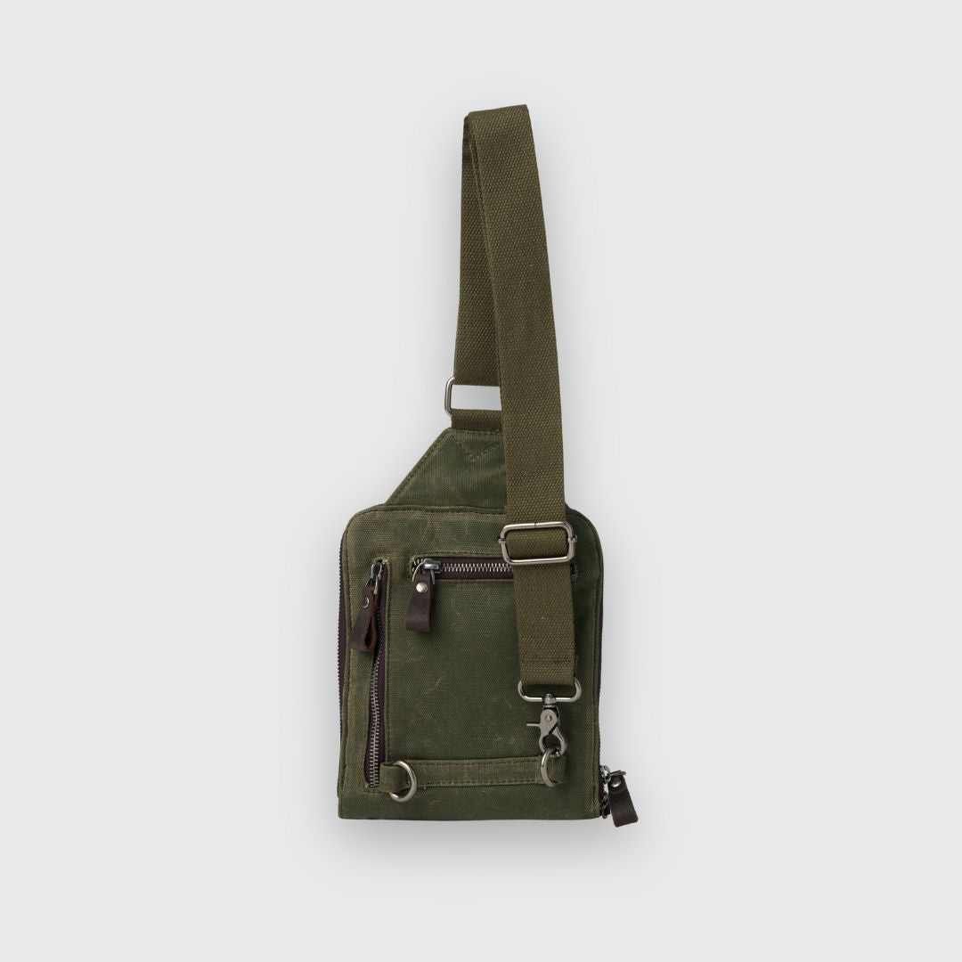 Green shoulder bag on a light gray background