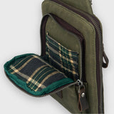 Green bag with plaid lining on a white background